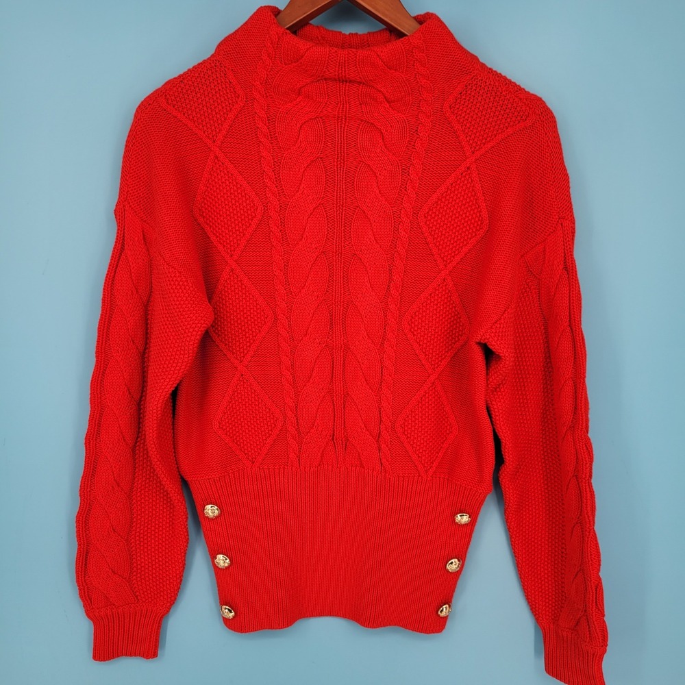 Marled Olivia Culpo Red Cable Knit Mock Neck Sweater Gold Button Corset Waist S